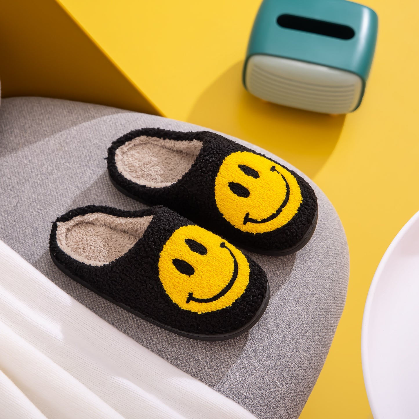 Melody Smiley Face Slippers Black