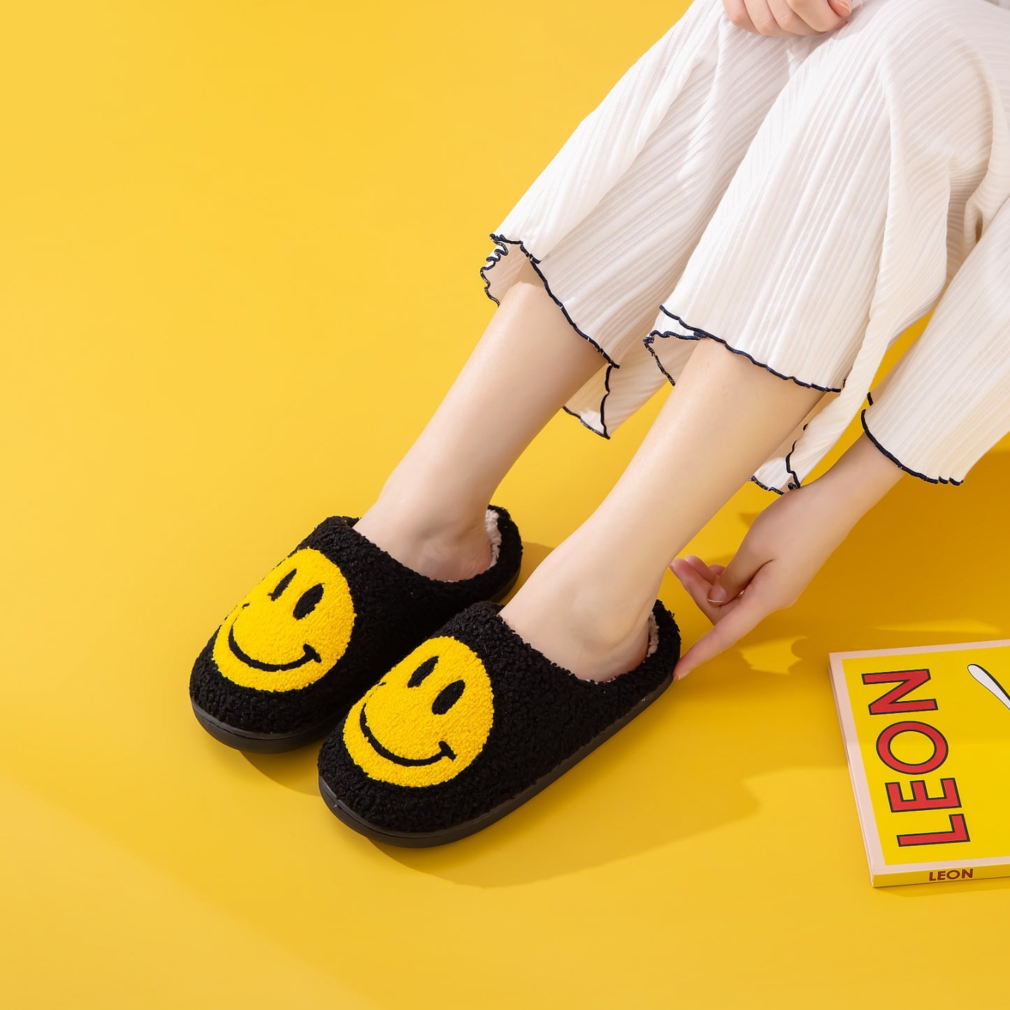 Melody Smiley Face Slippers Black