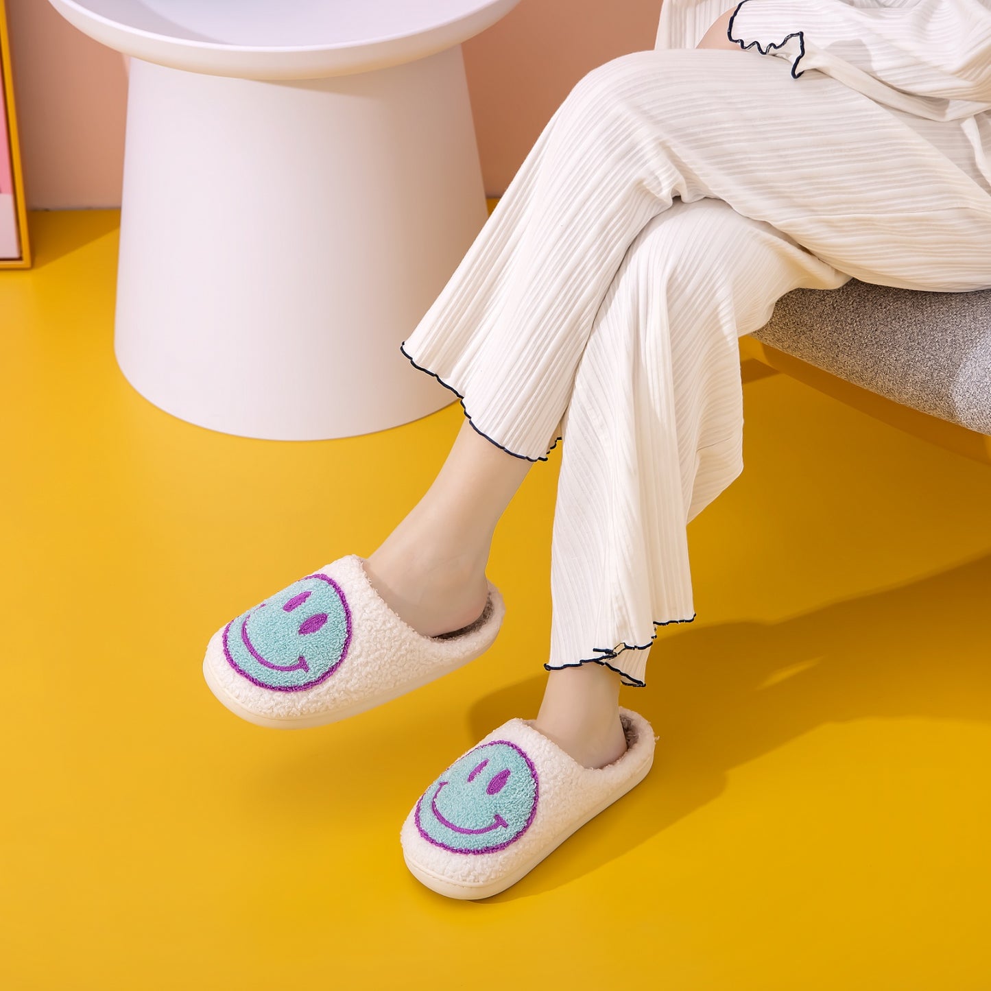 Melody Smiley Face Slippers Blue