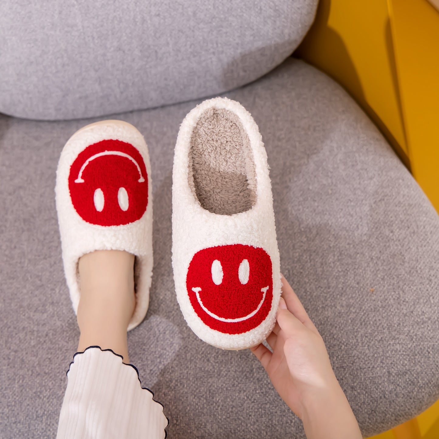 Melody Smiley Face Cozy Slippers Red