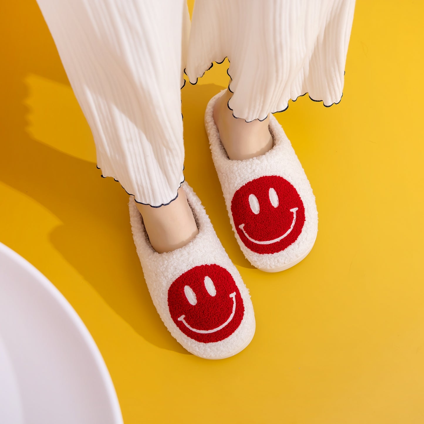 Melody Smiley Face Cozy Slippers Red