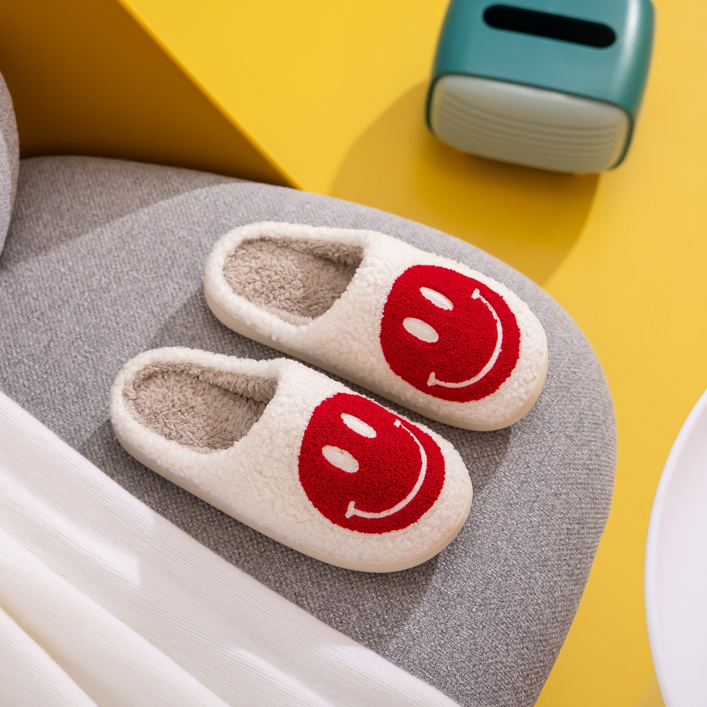 Melody Smiley Face Cozy Slippers Red