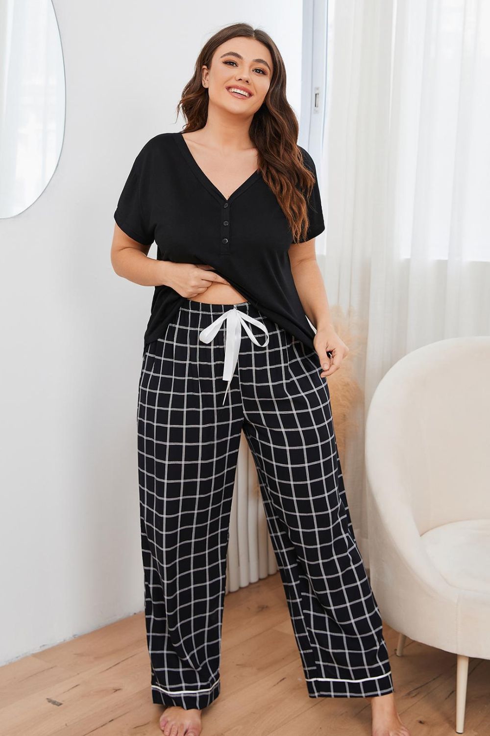 V-Neck Top and Plaid Pants Lounge Set