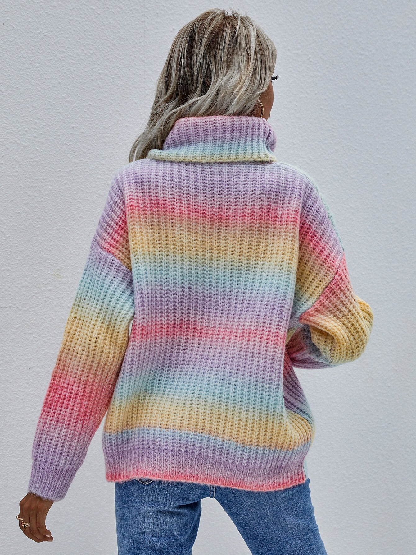 Rainbow Rib-Knit Turtleneck Drop Shoulder Sweater