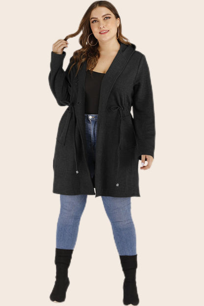 Drawstring Waist Hooded Cardigan with Pockets