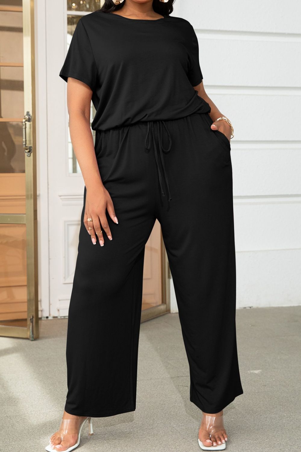 Drawstring Waist Short Sleeve Jumpsuit