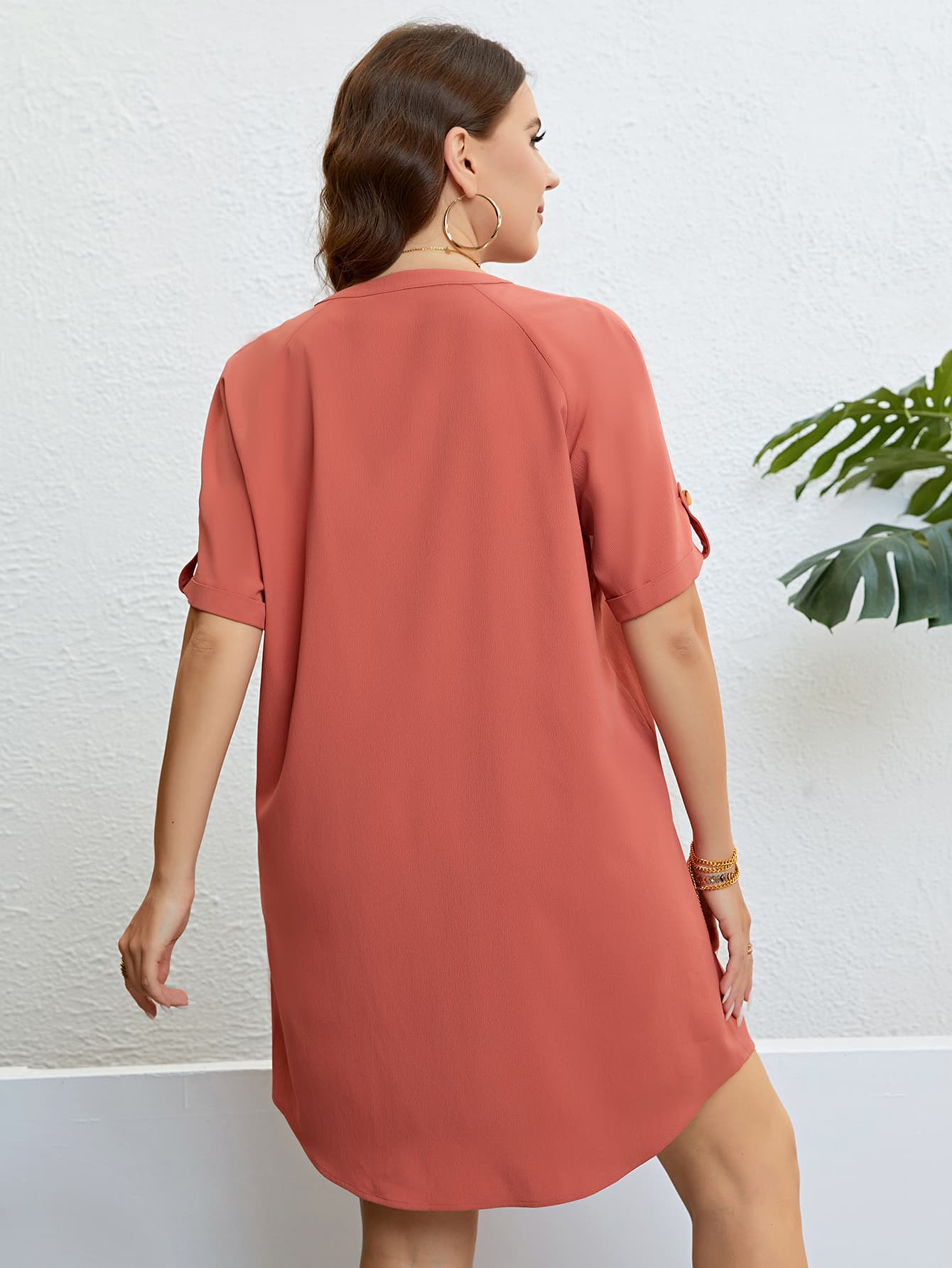 Buttoned Notched Neck Shift Dress