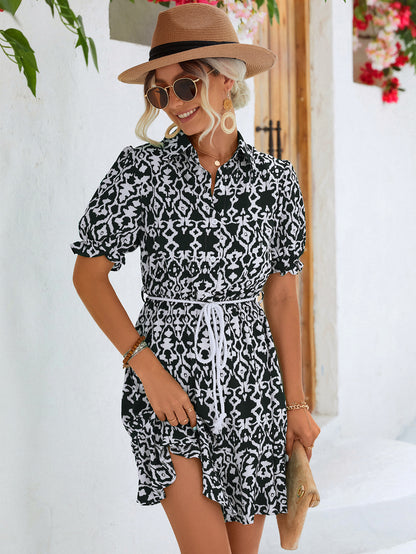 Printed Tie Waist Collared Flounce Sleeve Dress