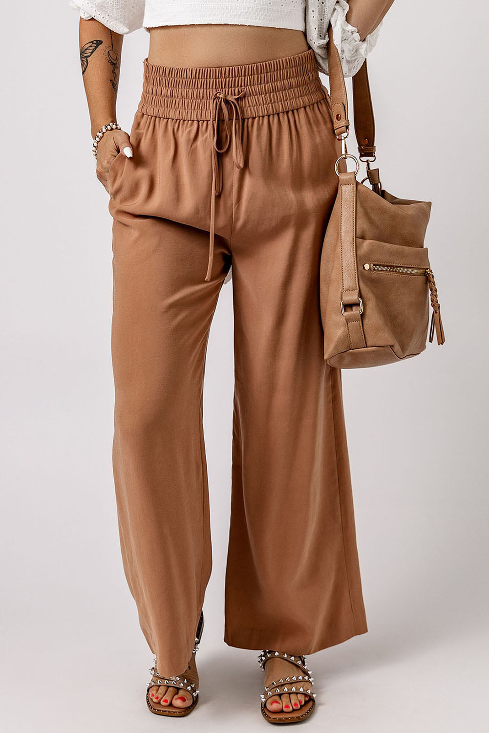 Drawstring Smocked Waist Wide Leg Pants