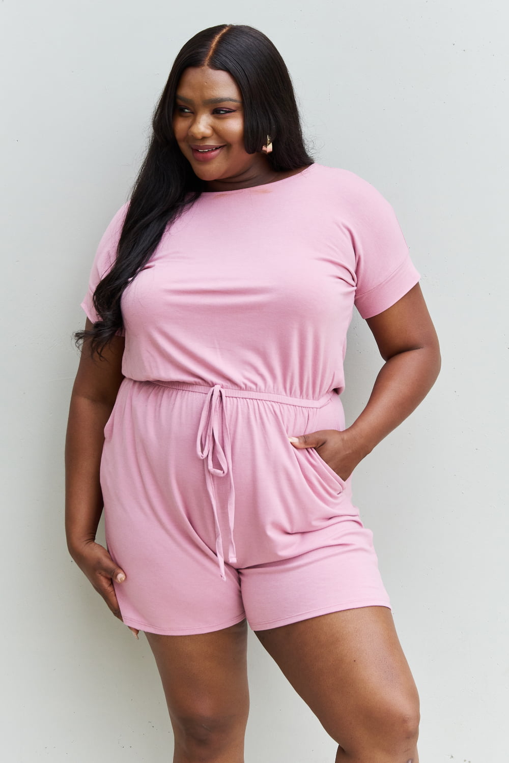 Chilled Out Full Size Short Sleeve Romper in Light Carnation Pink