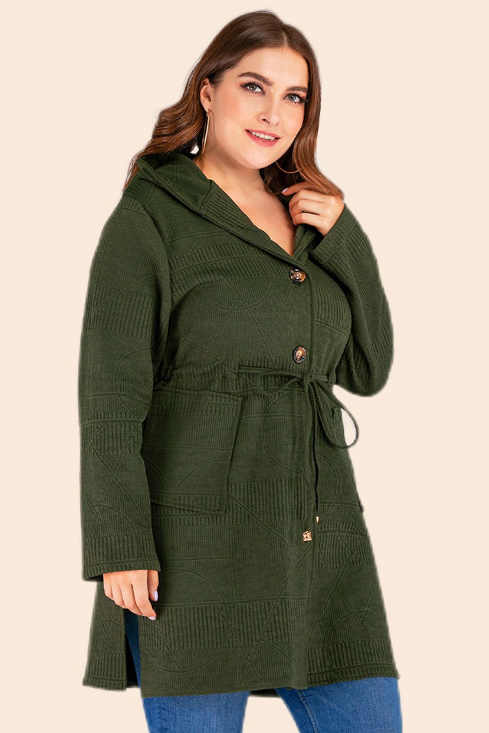 Drawstring Waist Hooded Cardigan with Pockets