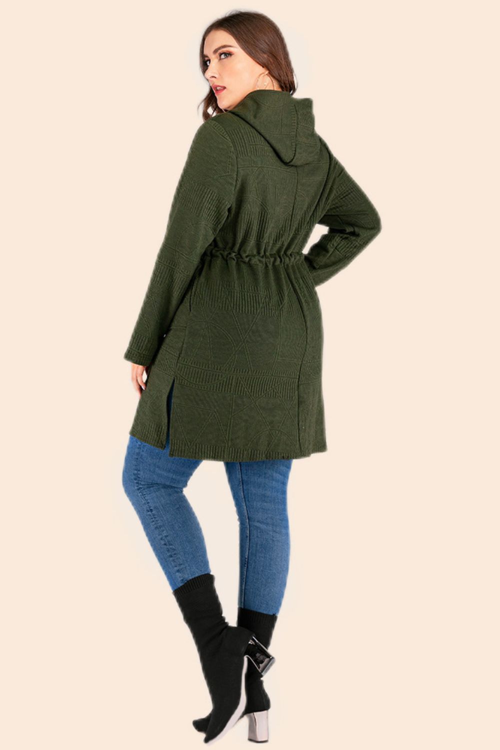 Drawstring Waist Hooded Cardigan with Pockets