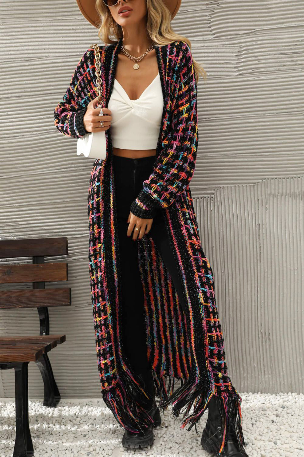 Multicolored Open Front Fringe Hem Cardigan