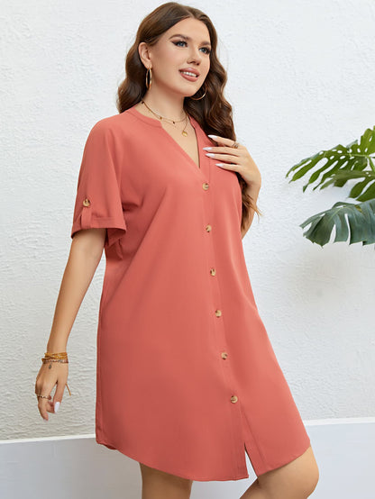 Buttoned Notched Neck Shift Dress