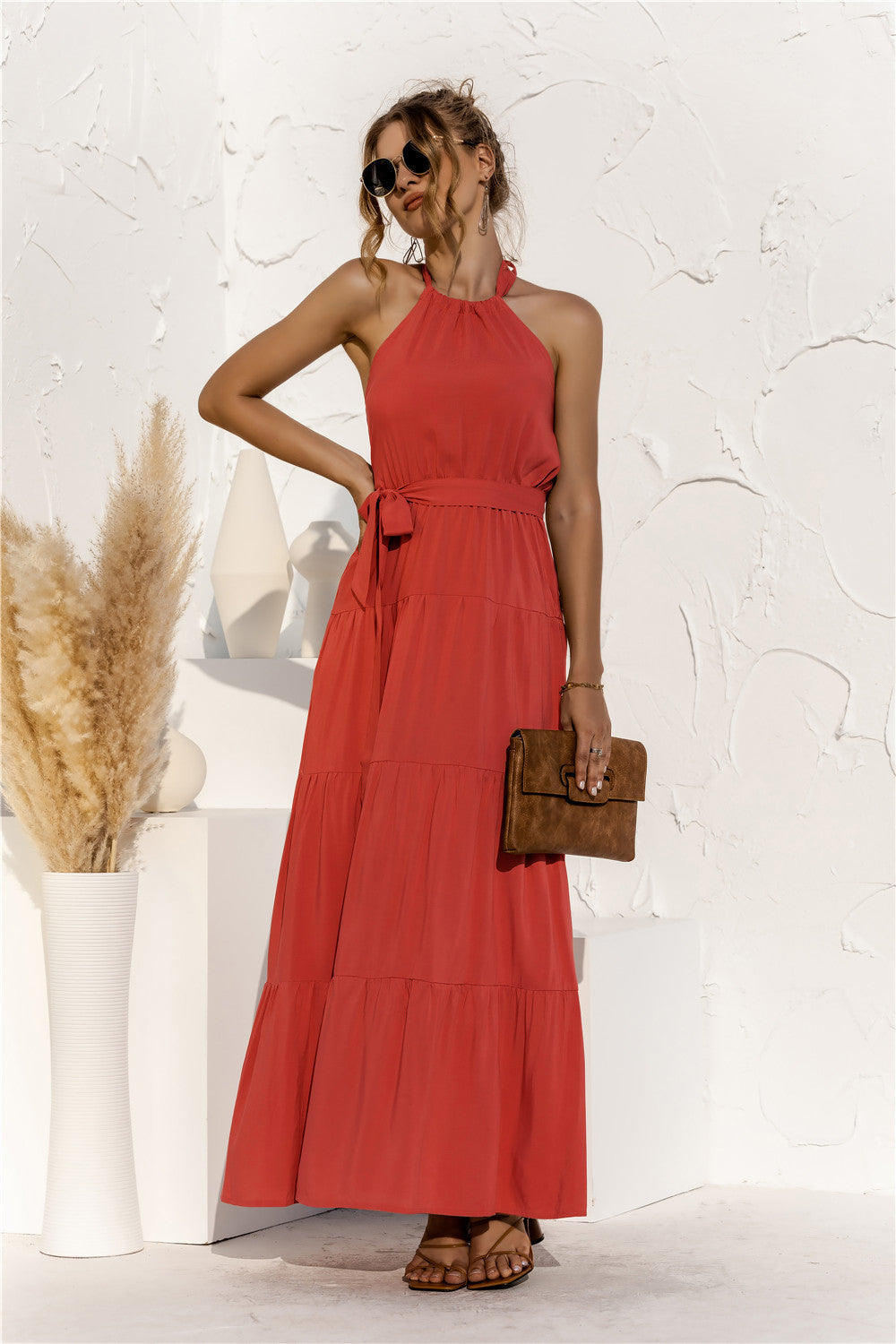 Halter Neck Tie Waist Tiered Maxi Dress