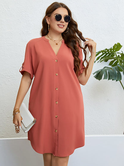 Buttoned Notched Neck Shift Dress