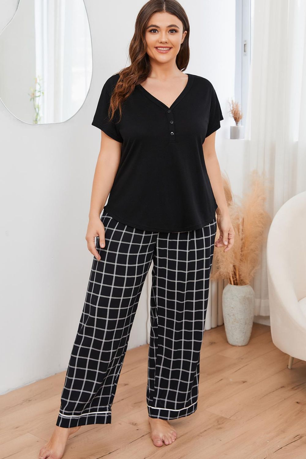 V-Neck Top and Plaid Pants Lounge Set